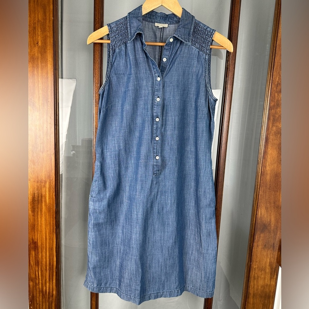 Talbots Chambray Dress 4 Blue Coastal Shift Collar Lyocell Cotton Smocked Pocket